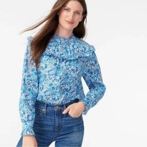 J. Crew/Liberty Blue Floral Elysian Day Popover Smocked Blouse, Long Sleeve, S